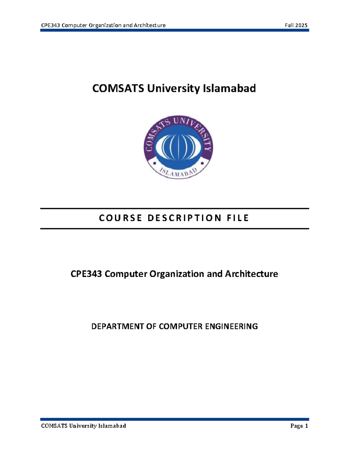 CPE343 Computer Organization & Architecture Course Overview Fall 2025 ...