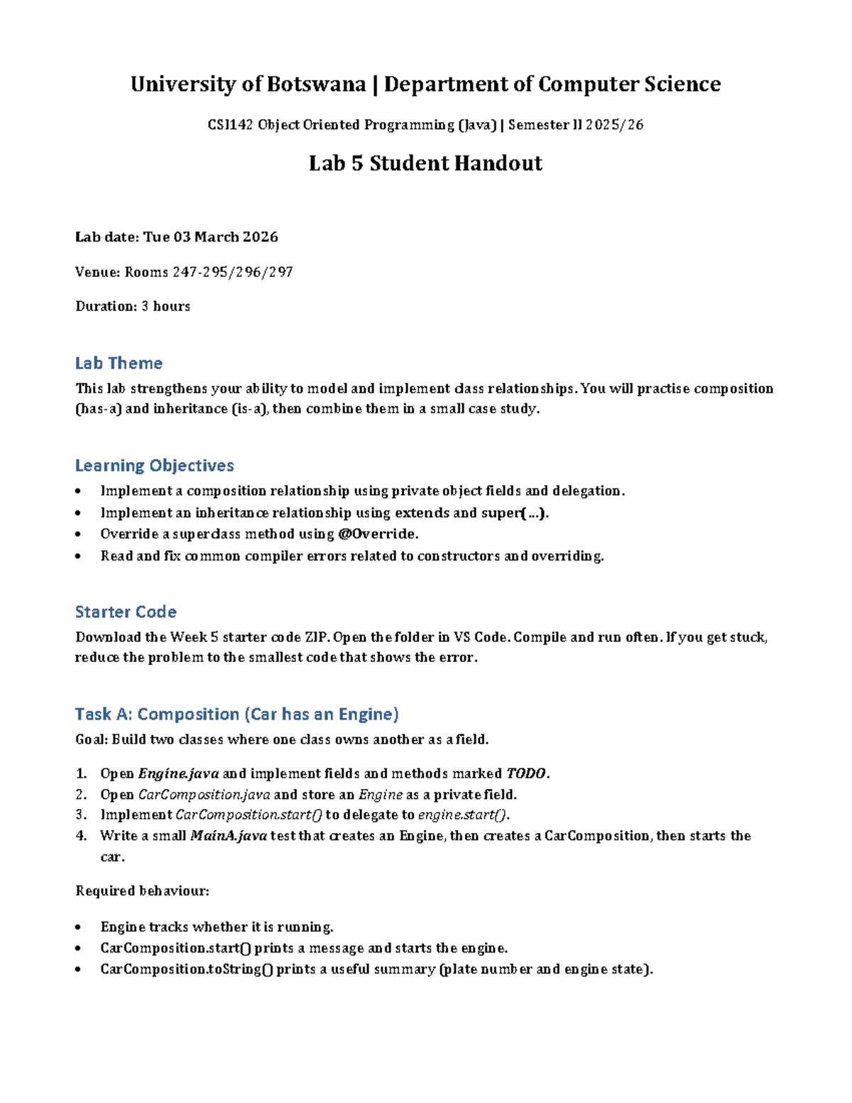 CSI142 Sem II 2025-26 Lab 5: Object Oriented Programming (Java) Handout ...