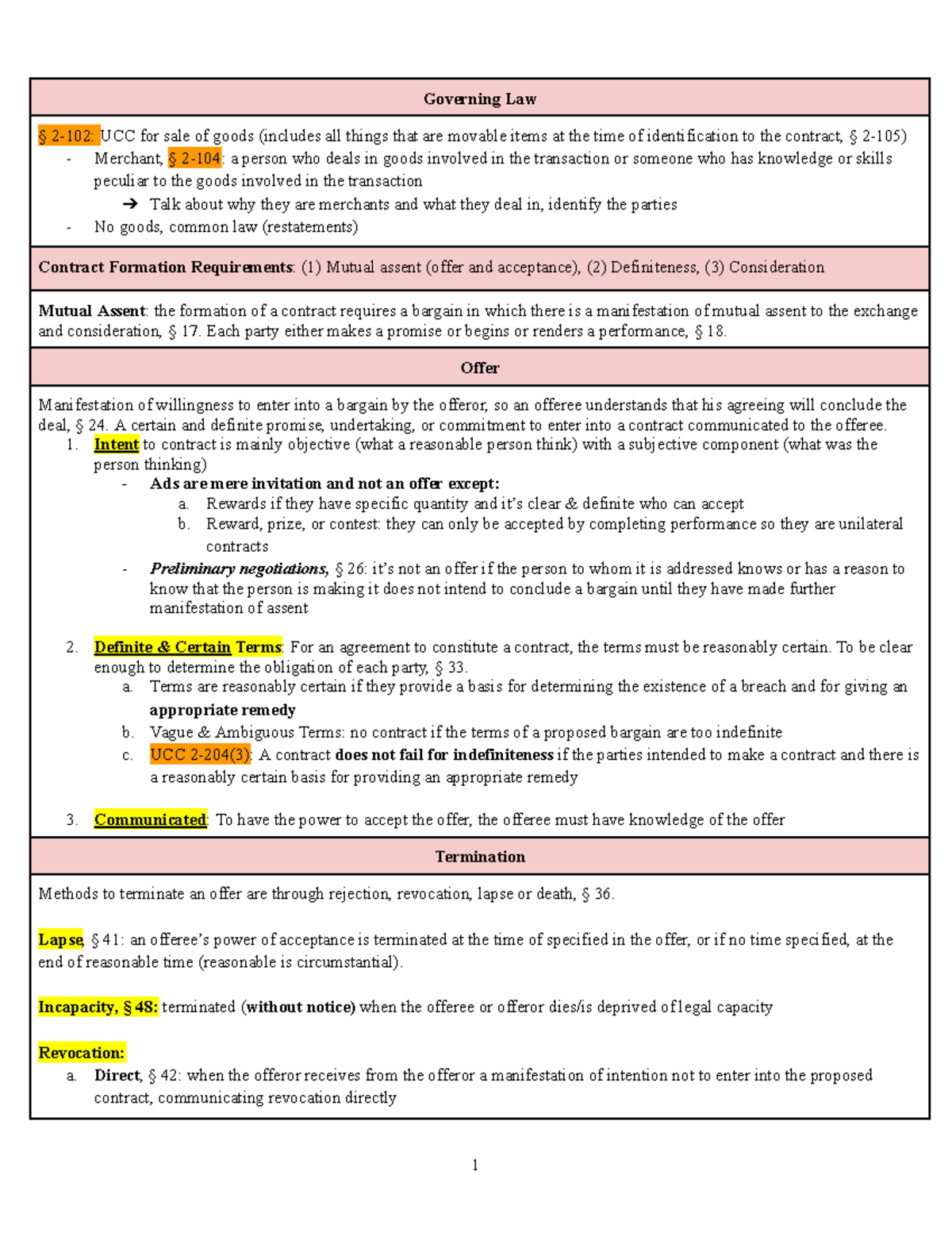 Contracts Outline Final Exam UCC: Governing Law for Sale of Goods - Studocu