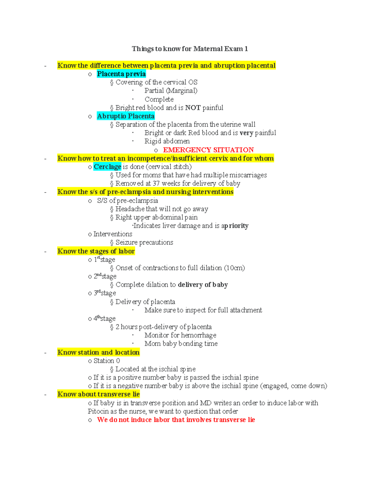 Maternal Exam 1 Review - Key Concepts and Nursing Interventions - Studocu
