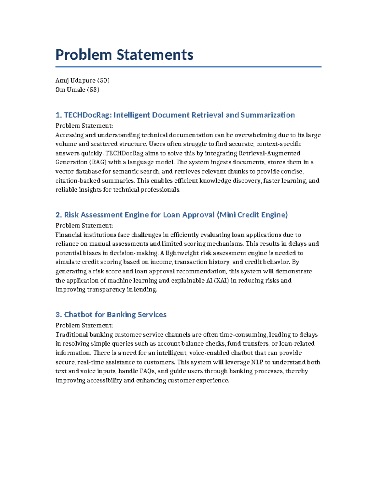 Proposed Project Problem Statements (TECHDocRag, Mini Credit Engine ...