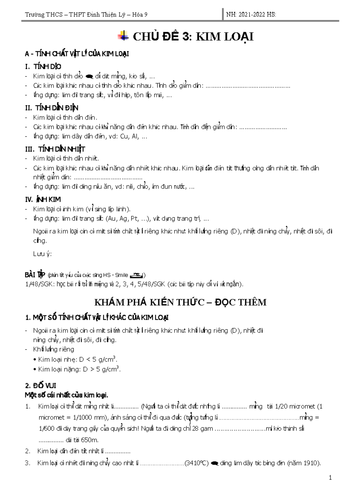 PHT Chu de 3 Kim loai (1)-đã chuyển đổi - Trường THCS – THPT Đinh Thiện ...