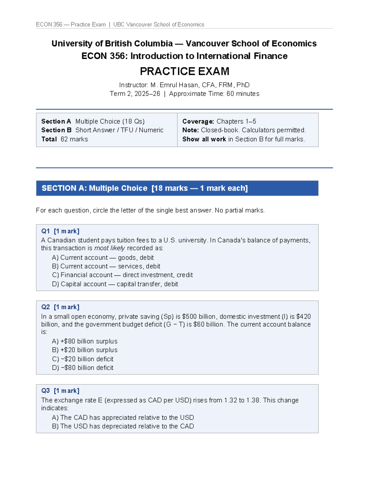 ECON 356 Practice Exam: Introduction to International Finance - Studocu