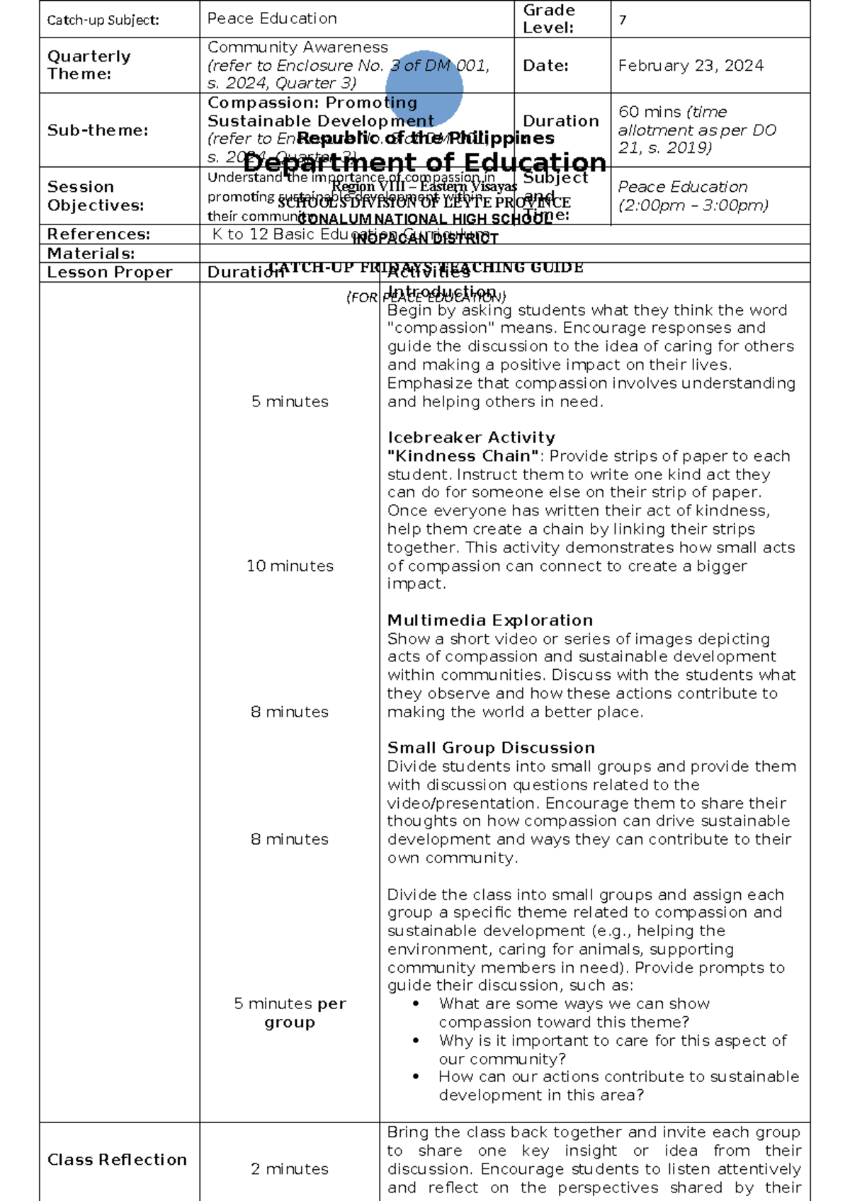 Grade 7 Peace Education Catch-Up Plan: Compassion for Community - Studocu