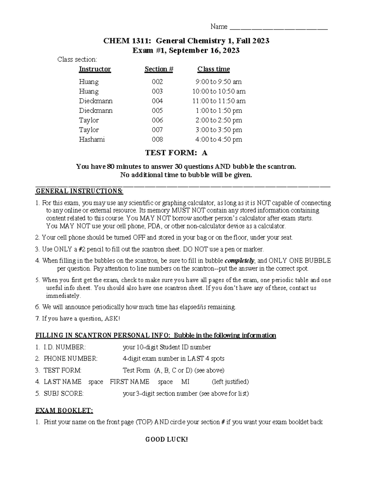 CHEM 1311: General Chemistry 1 Exam #1, Fall 2023 - Sept 16, 2023 - Studocu