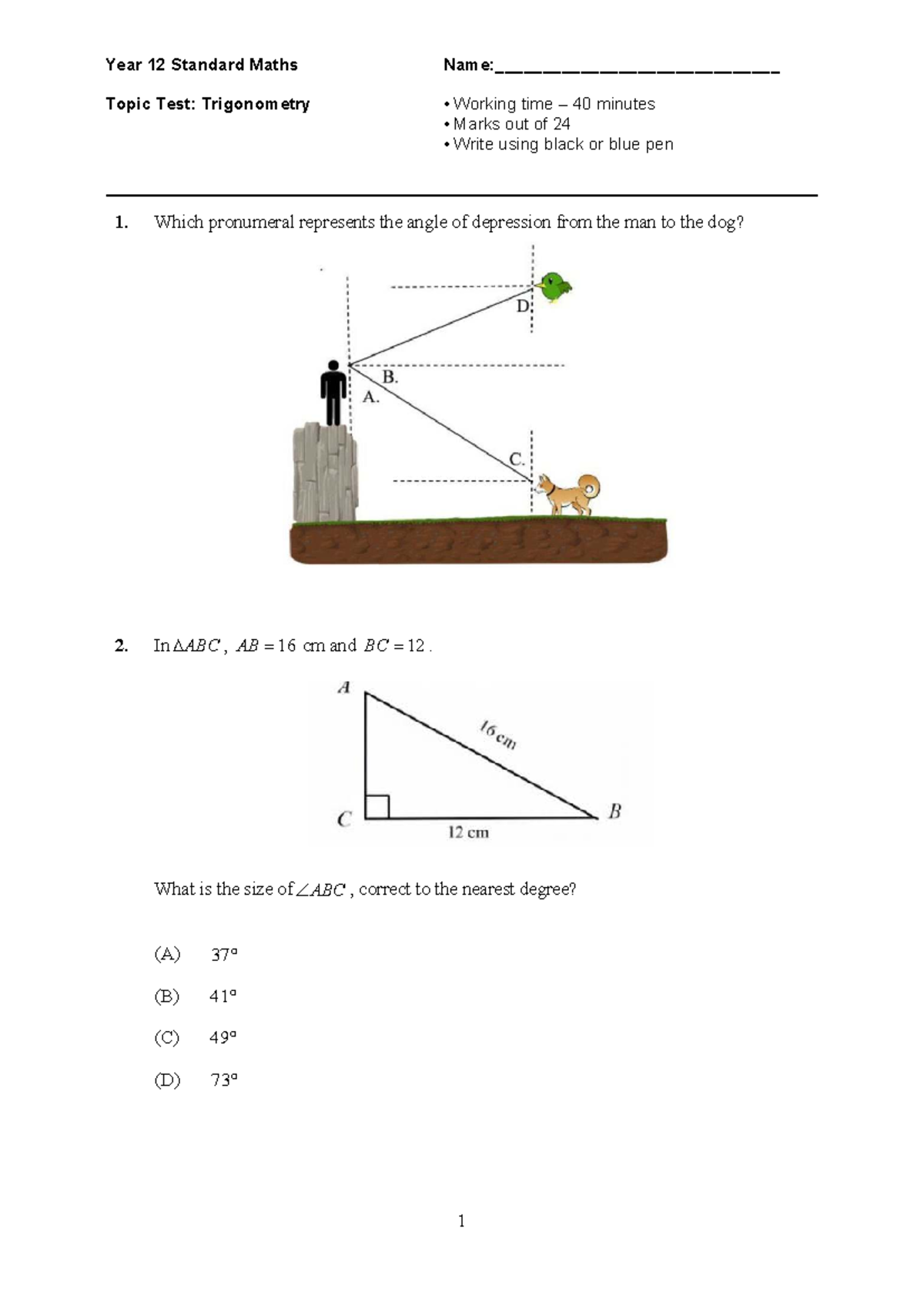 Year 12 Standard Maths Topic Test: Trigonometry (40 min, 24 marks ...