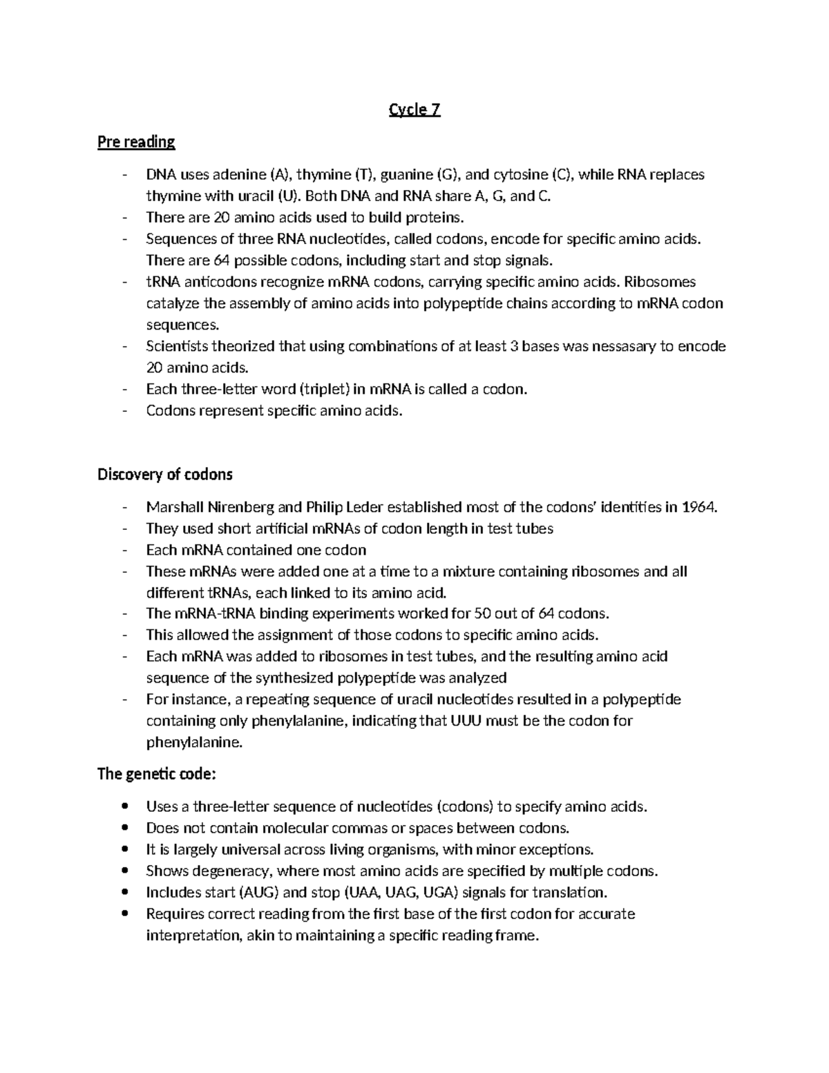 Biology 101: Week 7 Lecture Notes on Transcription & Genetic Code - Studocu