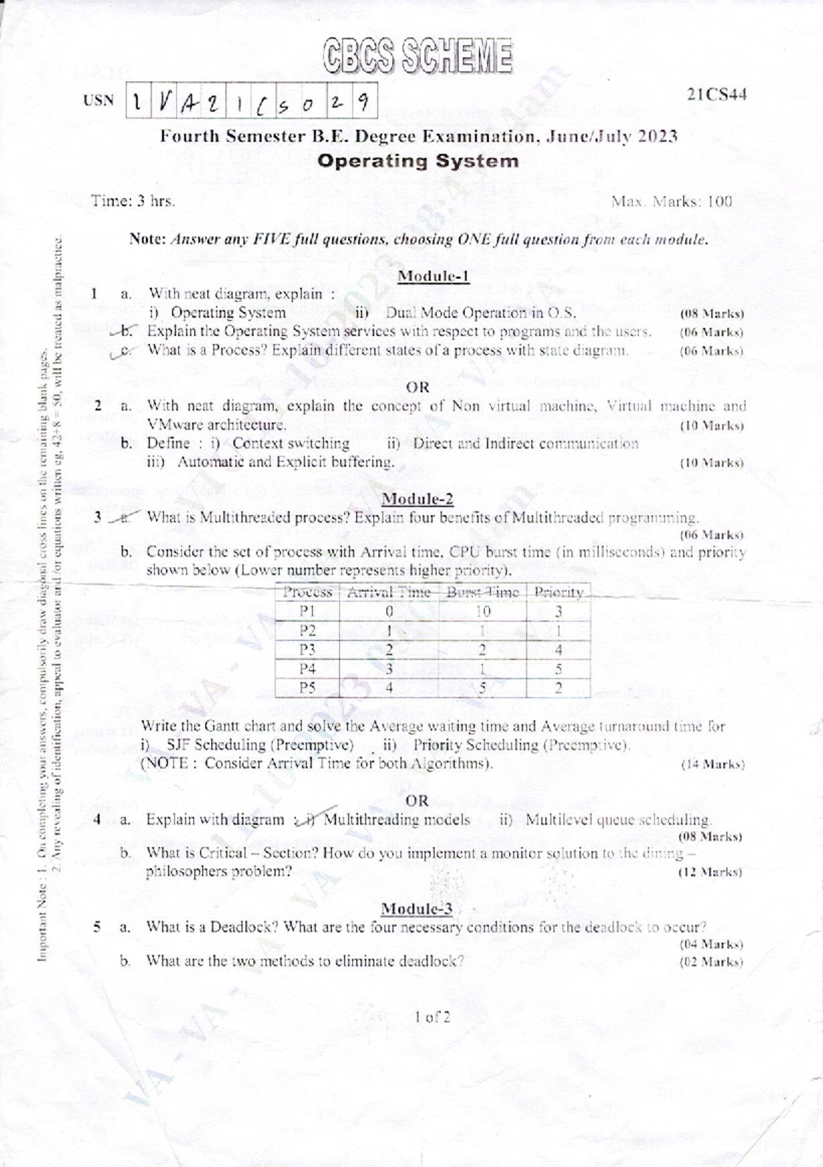 CBCS 21CS44 Fourth Sem B.E. Exam 2023: Operating Systems Notes - Studocu
