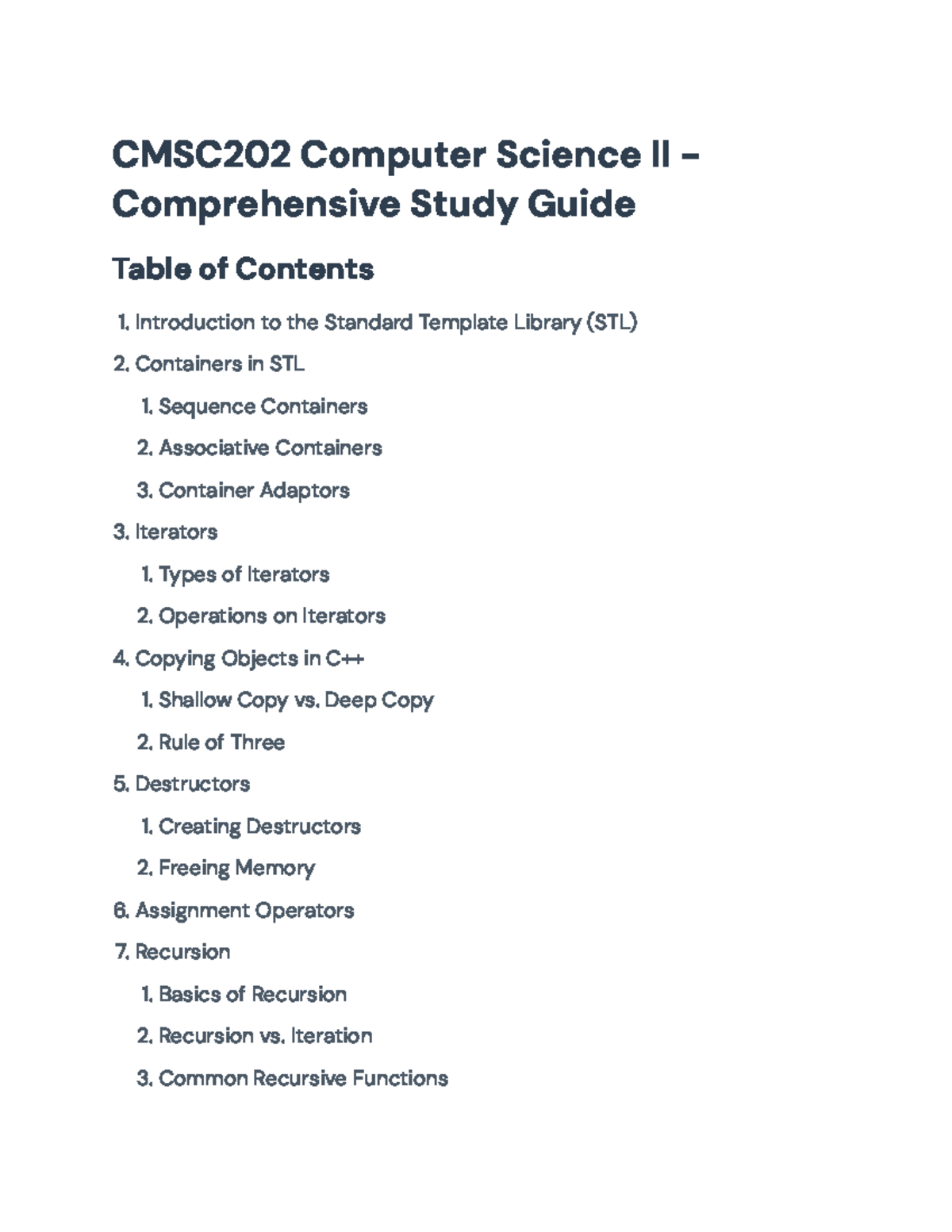 CMSC202 Final Exam Study Guide: C++ STL, Iterators, and Recursion ...