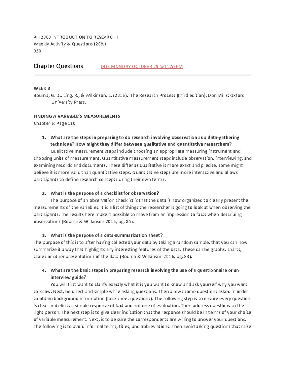 Week 11 Reading Response : Introduction to Research - Week 11 Chapter ...