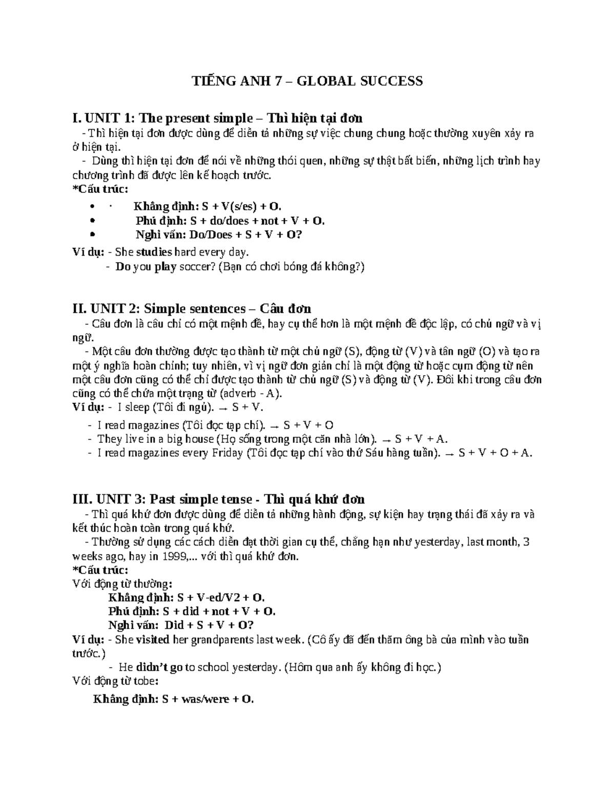 TỔNG HỢP NGỮ PHÁP TIẾNG ANH 7 - GLOBAL SUCCESS I. UNIT 1-12 - Studocu