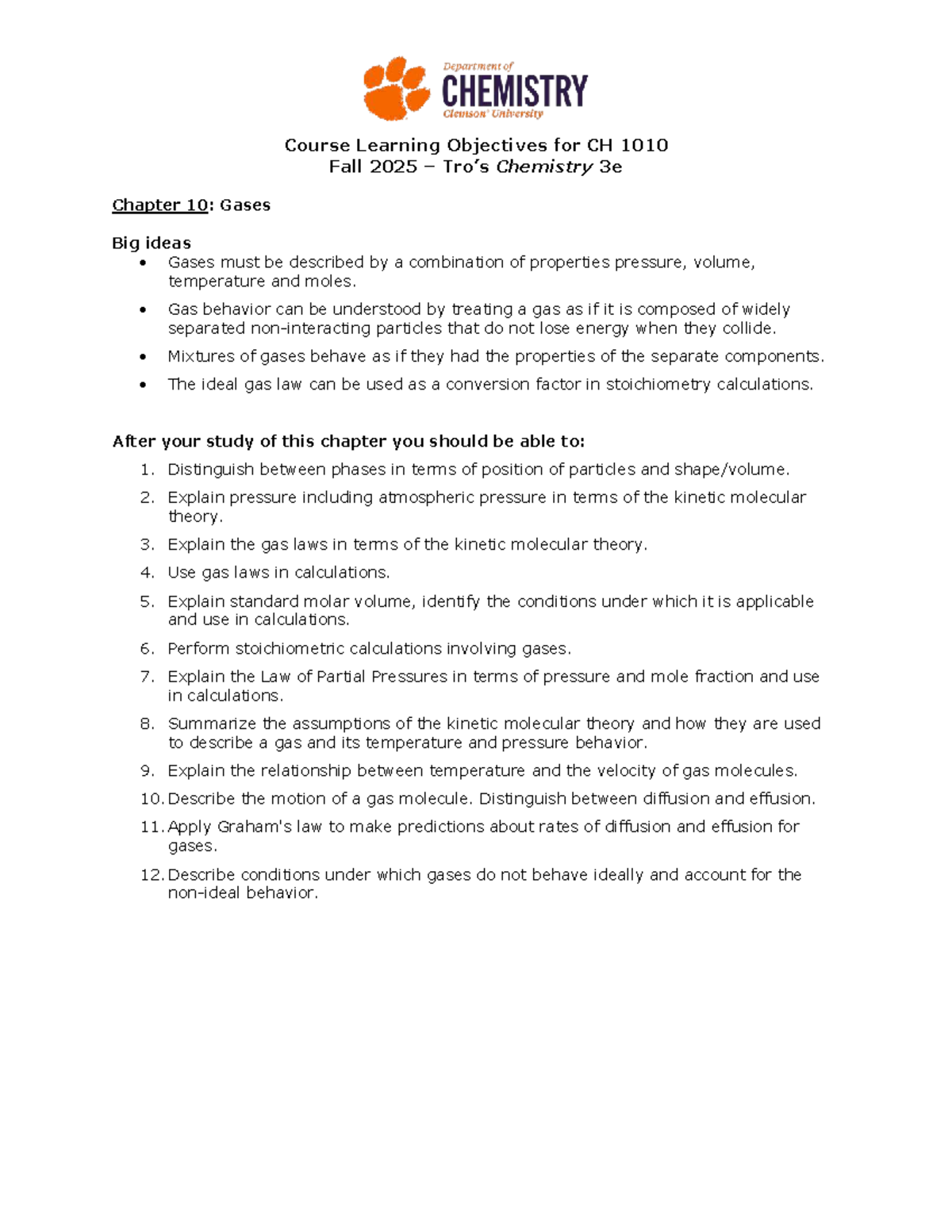 Course Learning Objectives for CH 1010: Gases - Studocu