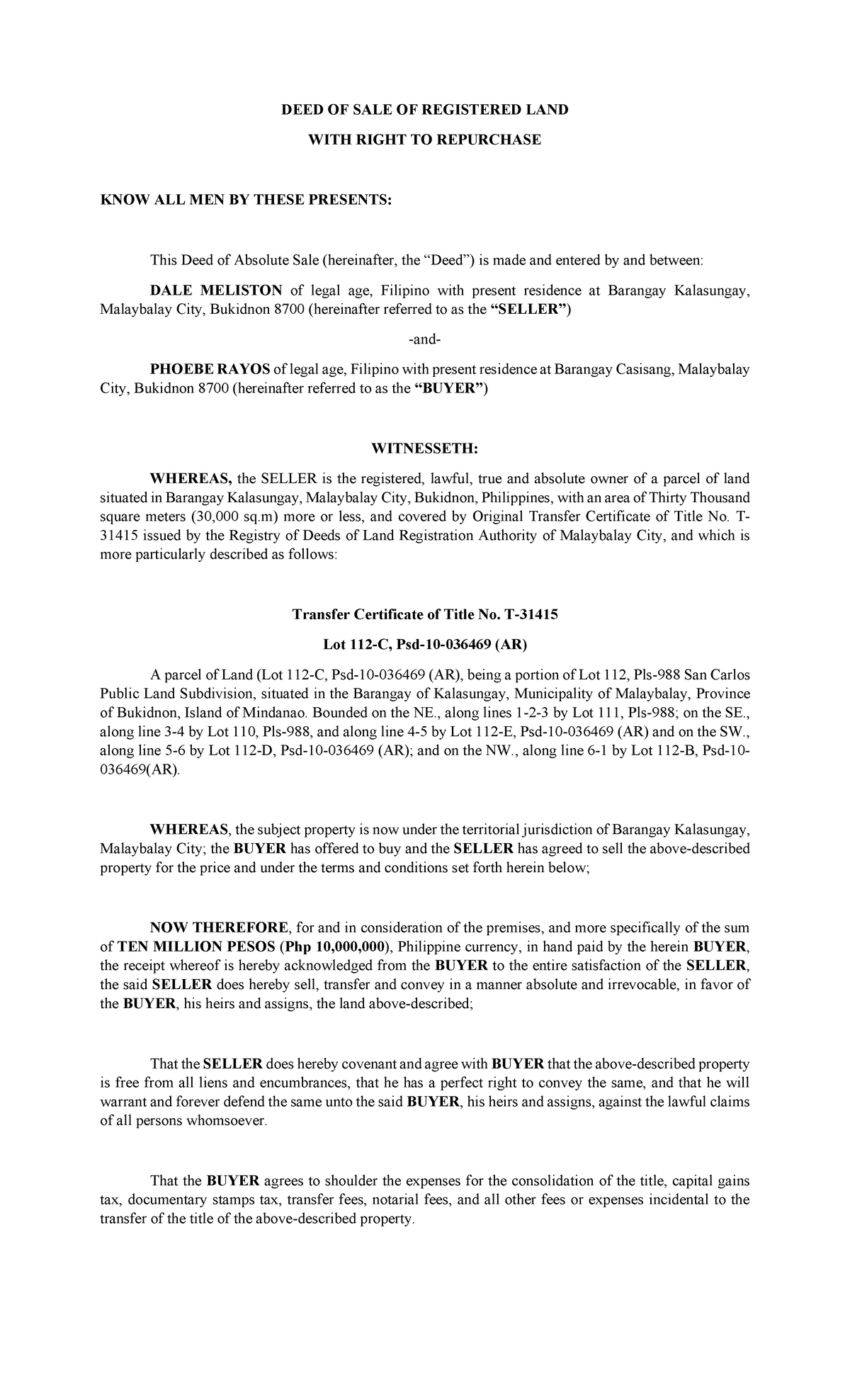 Deed of Sale of Registered Land with Repurchase Rights - Activity - Studocu
