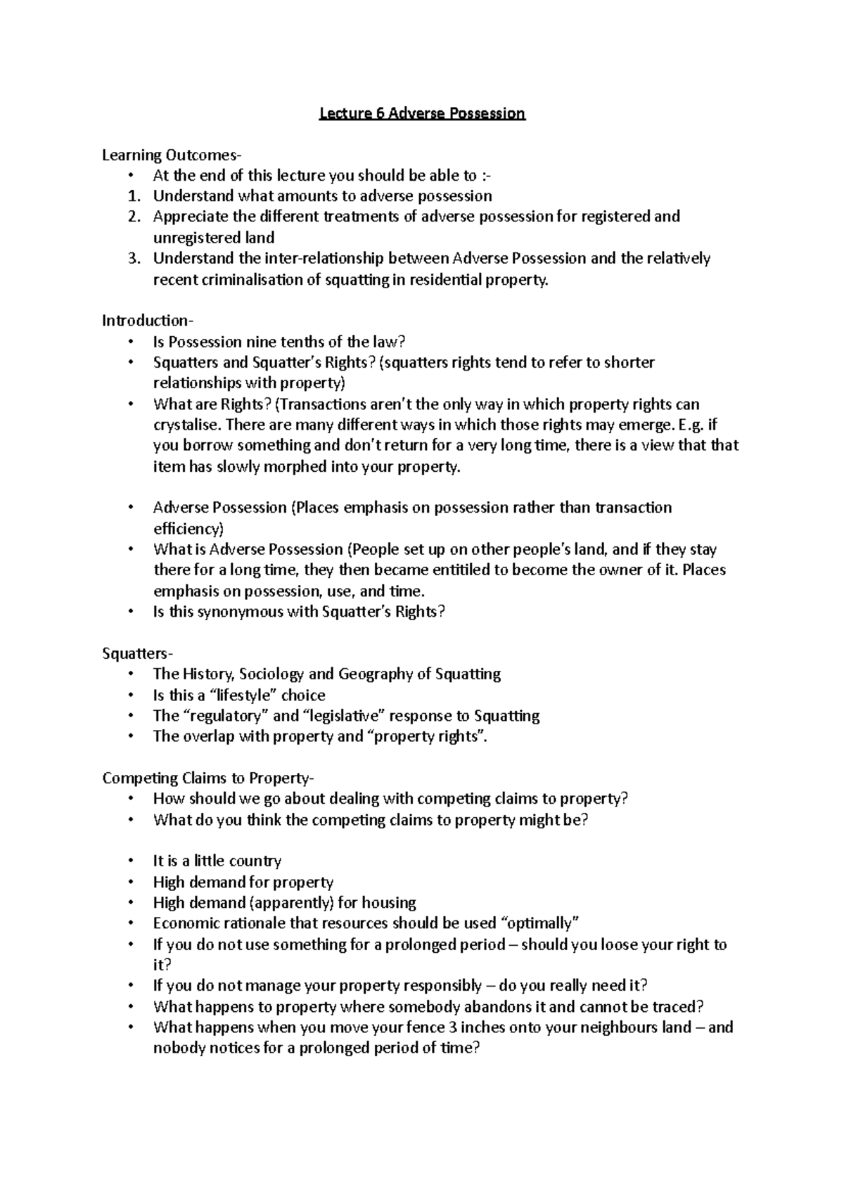 Lecture 6 Notes: Understanding Adverse Possession in Land Law - Studocu