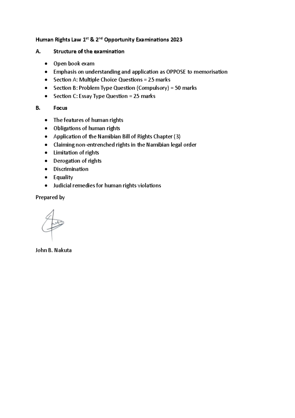 Structure of the Human Rights Law 1st Opportunity Examination, 30 Oct ...
