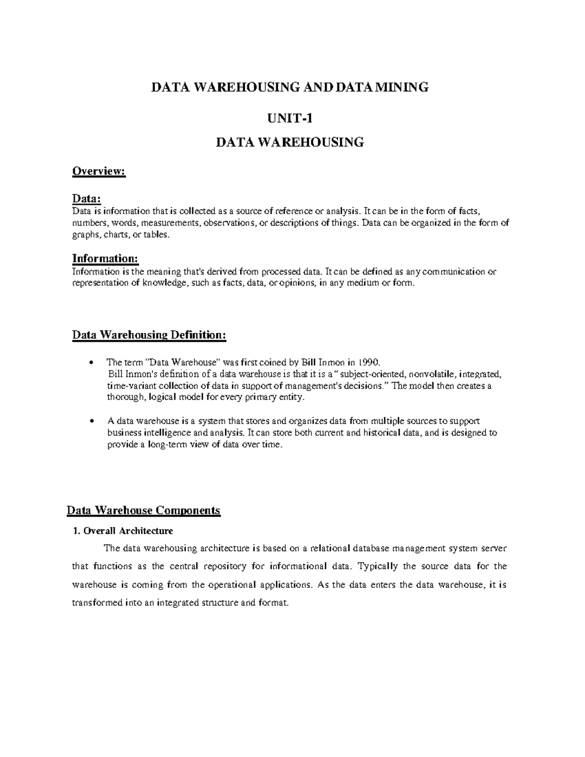 Data Warehousing & Data Mining: Unit 1 Comprehensive Notes - Studocu