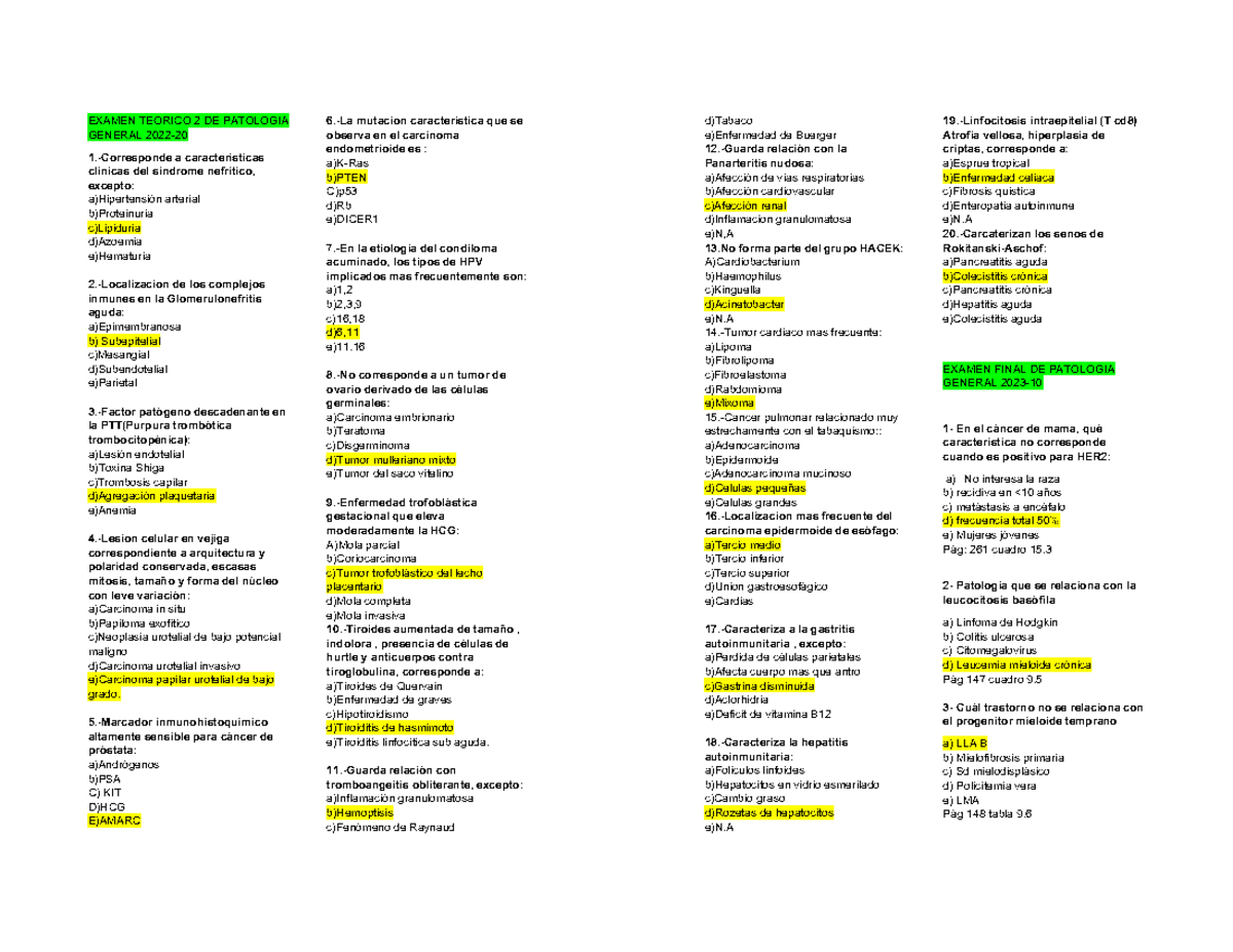Examen Teórico 2 de Patología (General 2022-20) - Evaluación y