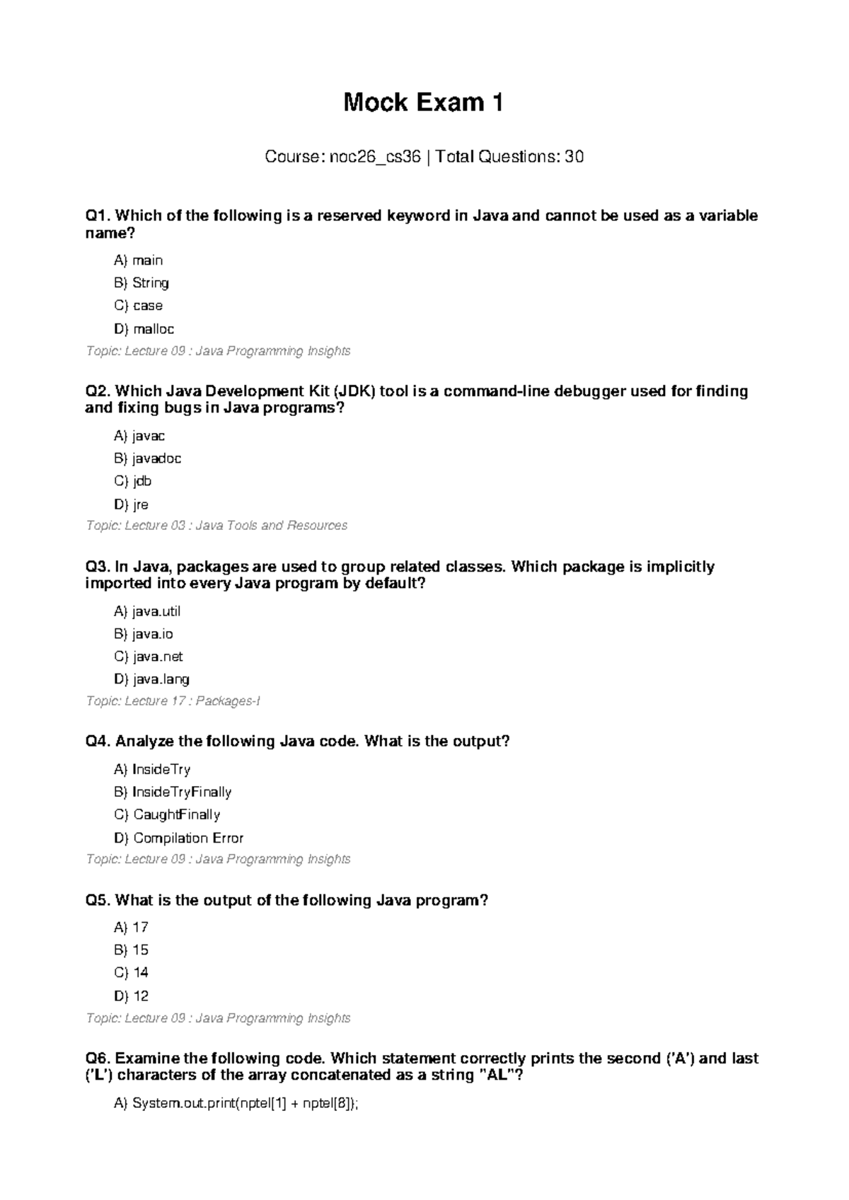 Mock Exam 1: Java Programming Insights (noc26_cs36) - Studocu