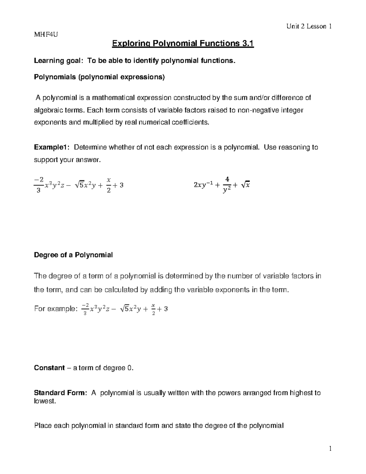 Unit 2 Lesson 1 MHF4U Exploring Polynomial Functions Overview - Studocu