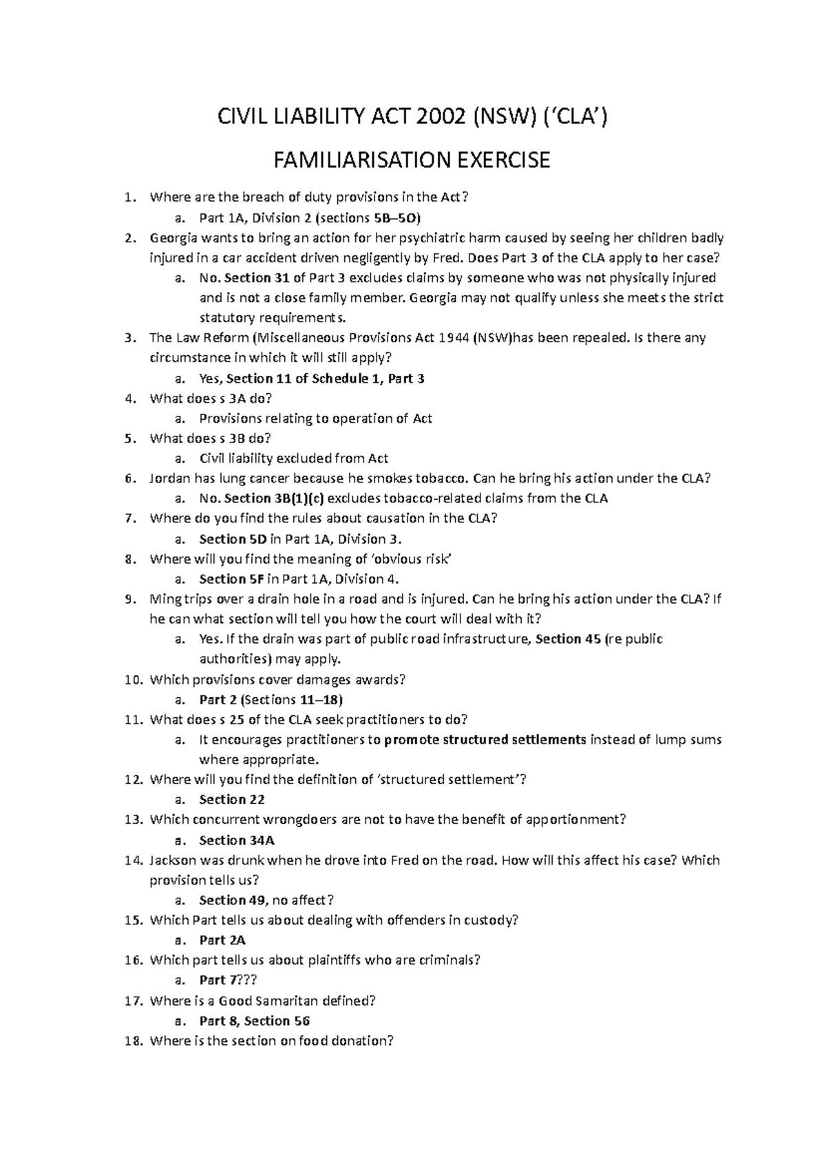CIVIL LIABILITY ACT 2002 (NSW) FAMILIARISATION EXERCISE NOTES - Studocu