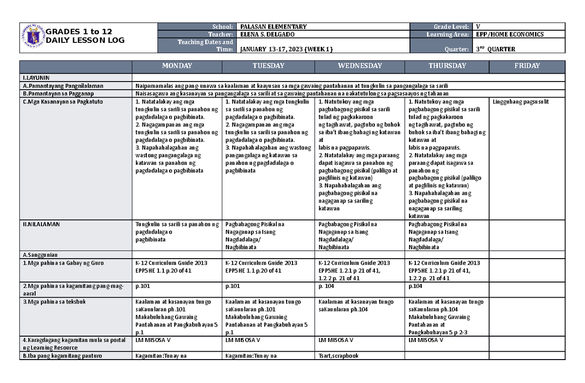 DLL EPP 5 Q2 W1 - none - GRADES 1 to 12 DAILY LESSON LOG School ...