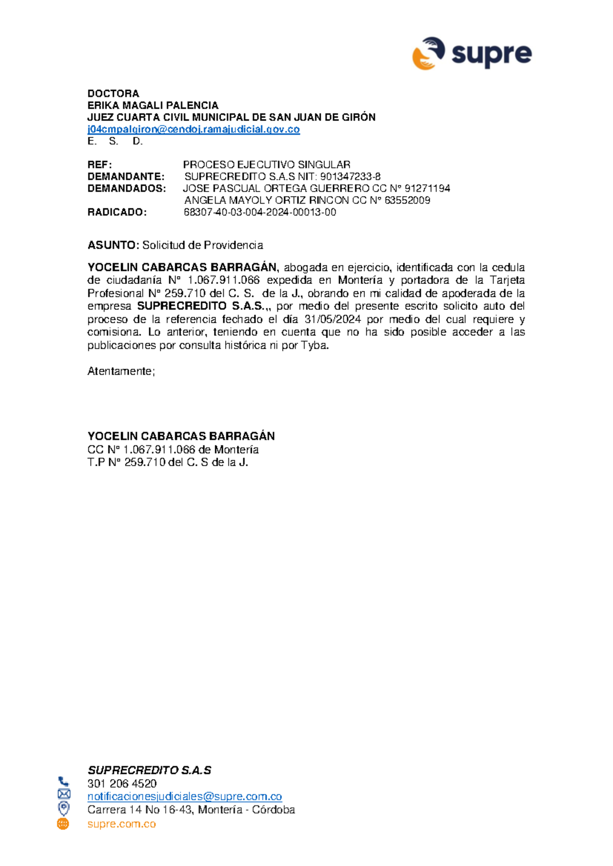 Solicitud de Auto - Proceso Ejecutivo Singular - Suprecredito S.A.S. - Document Preview