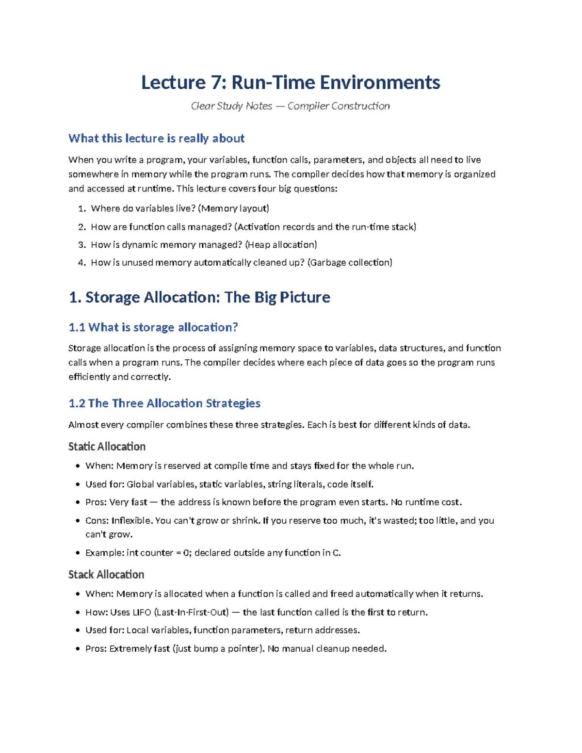 Compiler Construction: Lecture 7 - Run Time Environments Study Notes ...