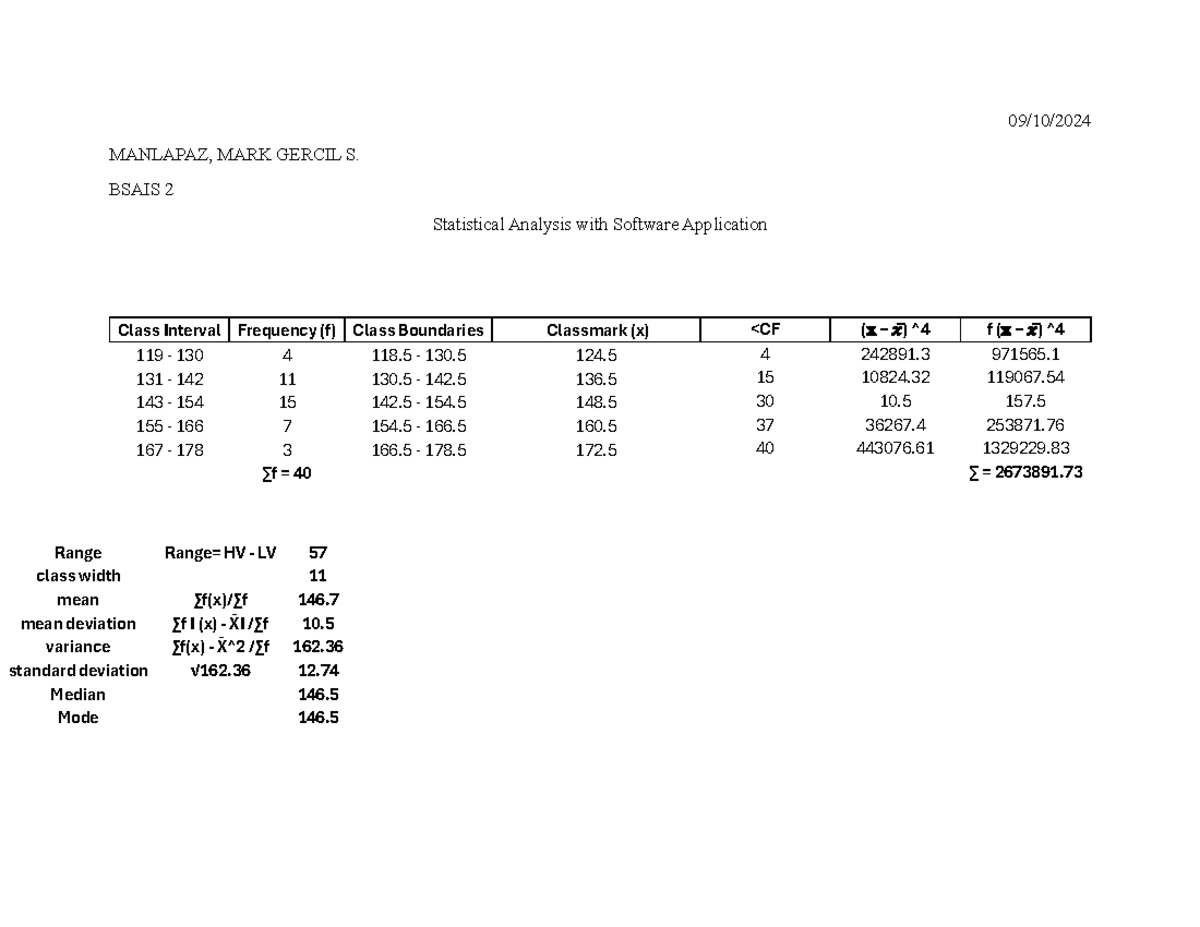 02 BSAIS Seatwork 3: Statistical Analysis with Software Application ...