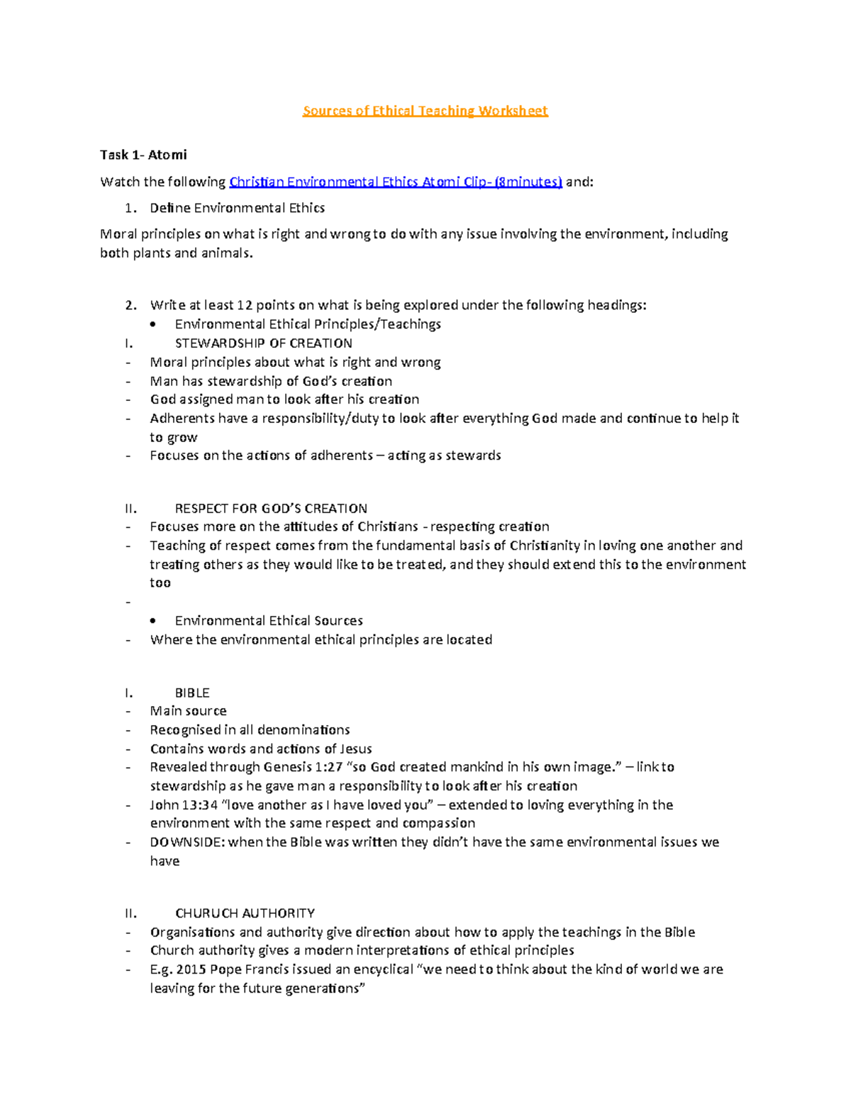 Introduction to Environmental Ethics in Christianity Worksheet - Studocu