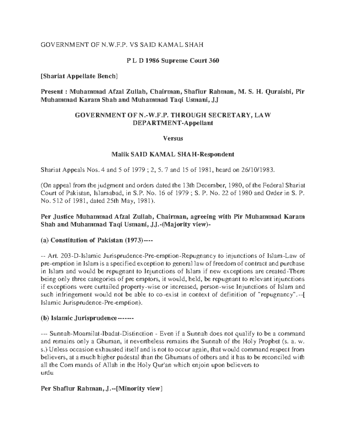 GOVERNMENT OF N.W.F.P. VS SAID KAMAL SHAH: Case Notes Analysis - Studocu