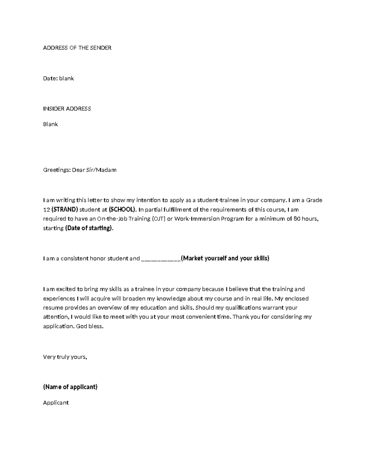 Sample Application Letter for Student-Trainee OJT (Grade 12) - Studocu