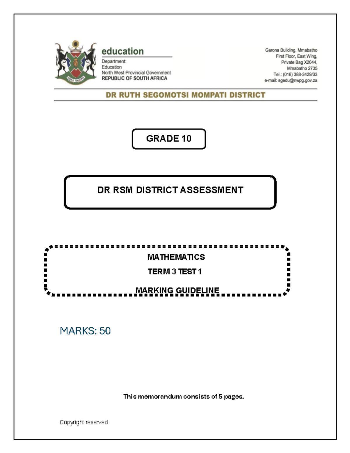 GRADE 10 MATHEMATICS TERM 3 TEST 1 MARKING GUIDELINE 2026 - Studocu
