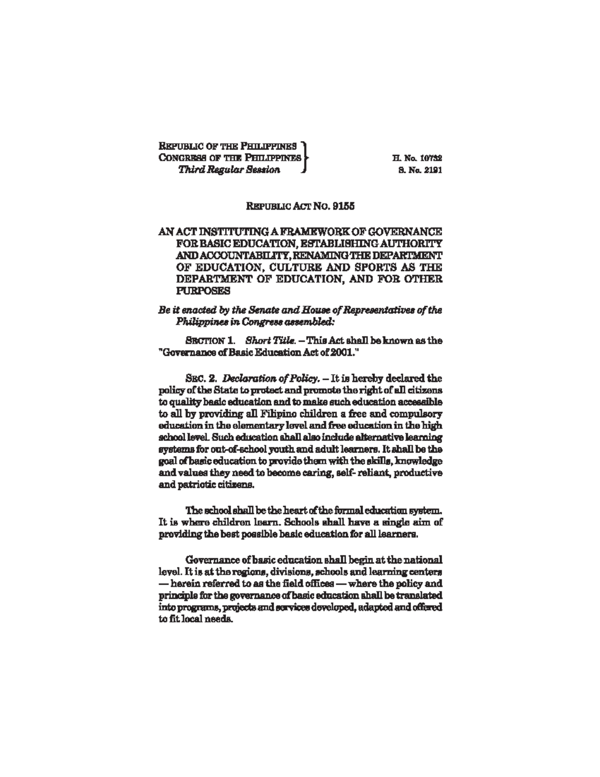 RA 9155: Framework for Governance in Basic Education - Studocu