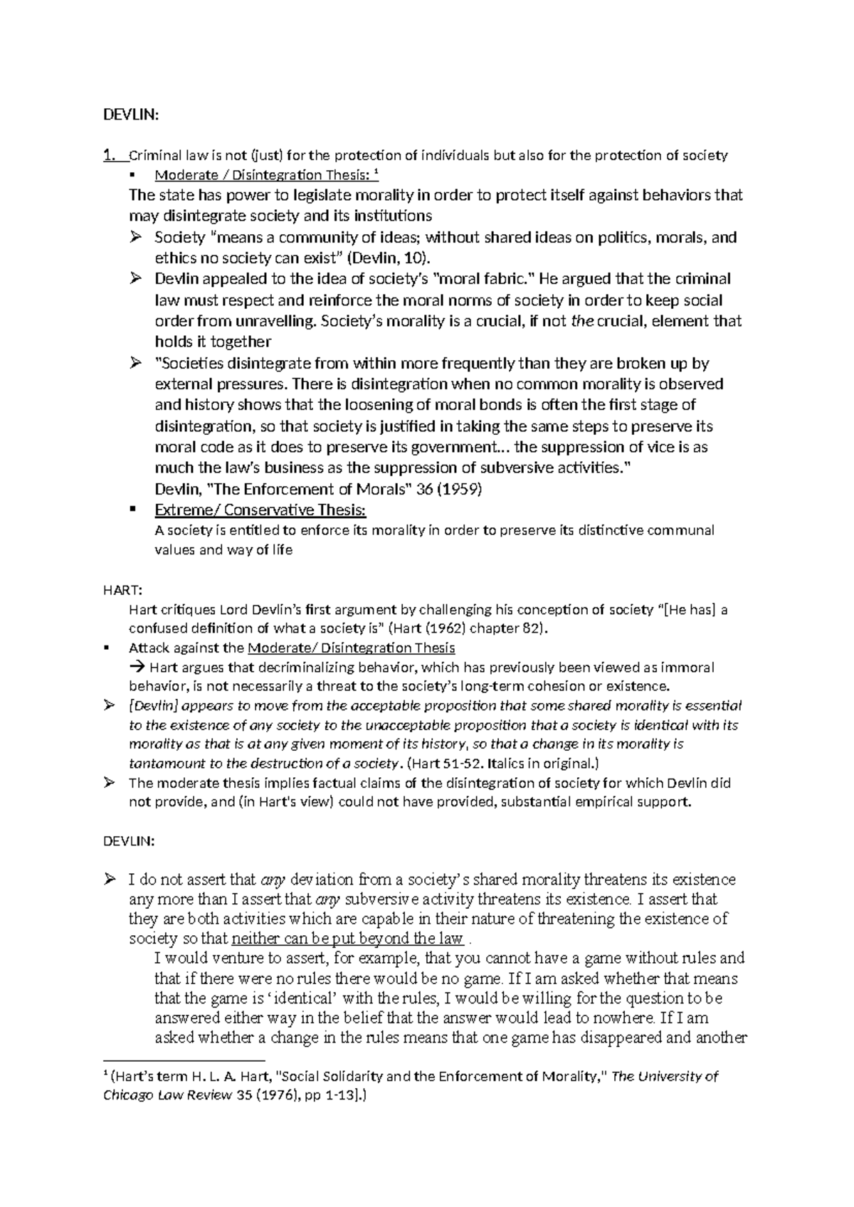 DEVLIN: Summary of the Morality and Law Debate - Hart, Dworkin, Cane ...