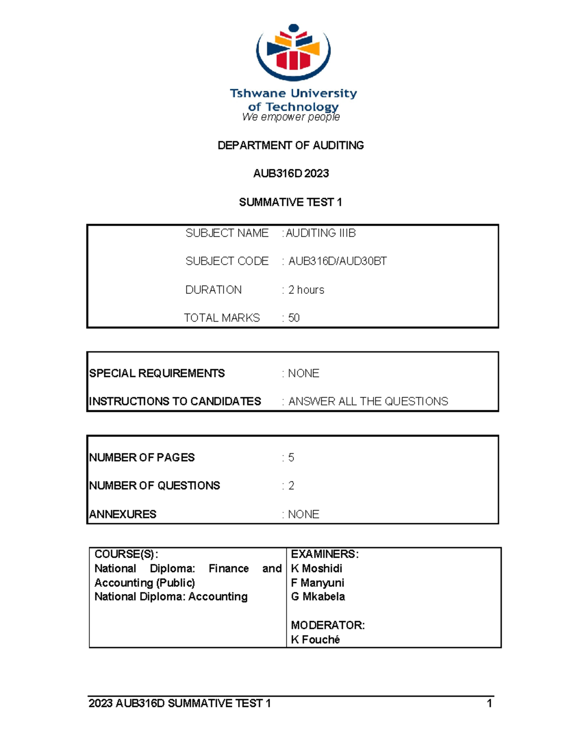 AUB316D 2023 Summative Test 1: Auditing Exam Questions and Guidelines ...