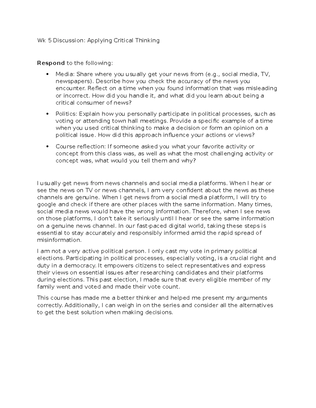 Wk 1 Discussion: Characteristics and Barriers in Critical Thinking ...