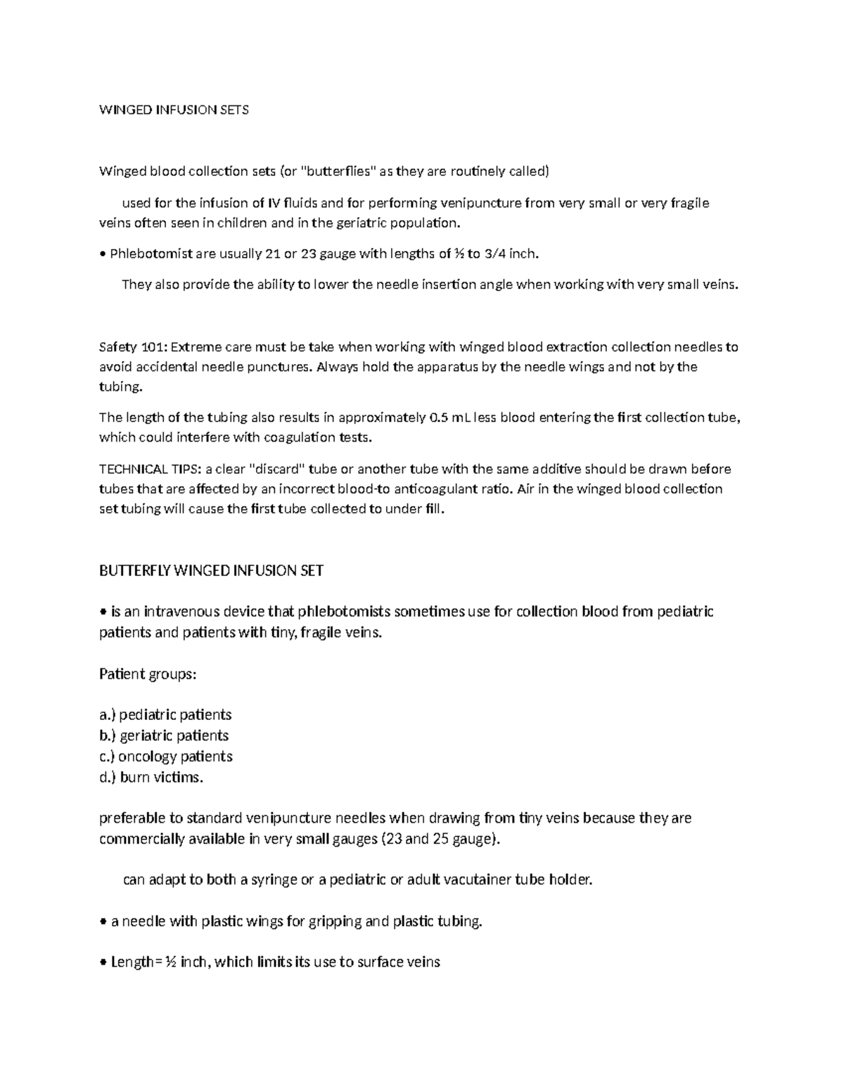 Winged Infusion Sets - Lecture Notes for Healthcare Professionals - Studocu