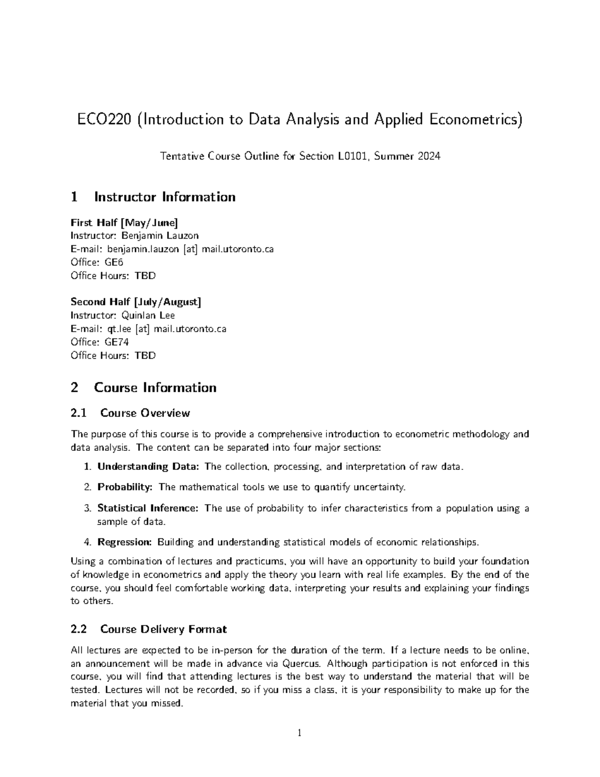 ECO220Y Summer 2024 Course Syllabus: Data Analysis & Econometrics - Studocu