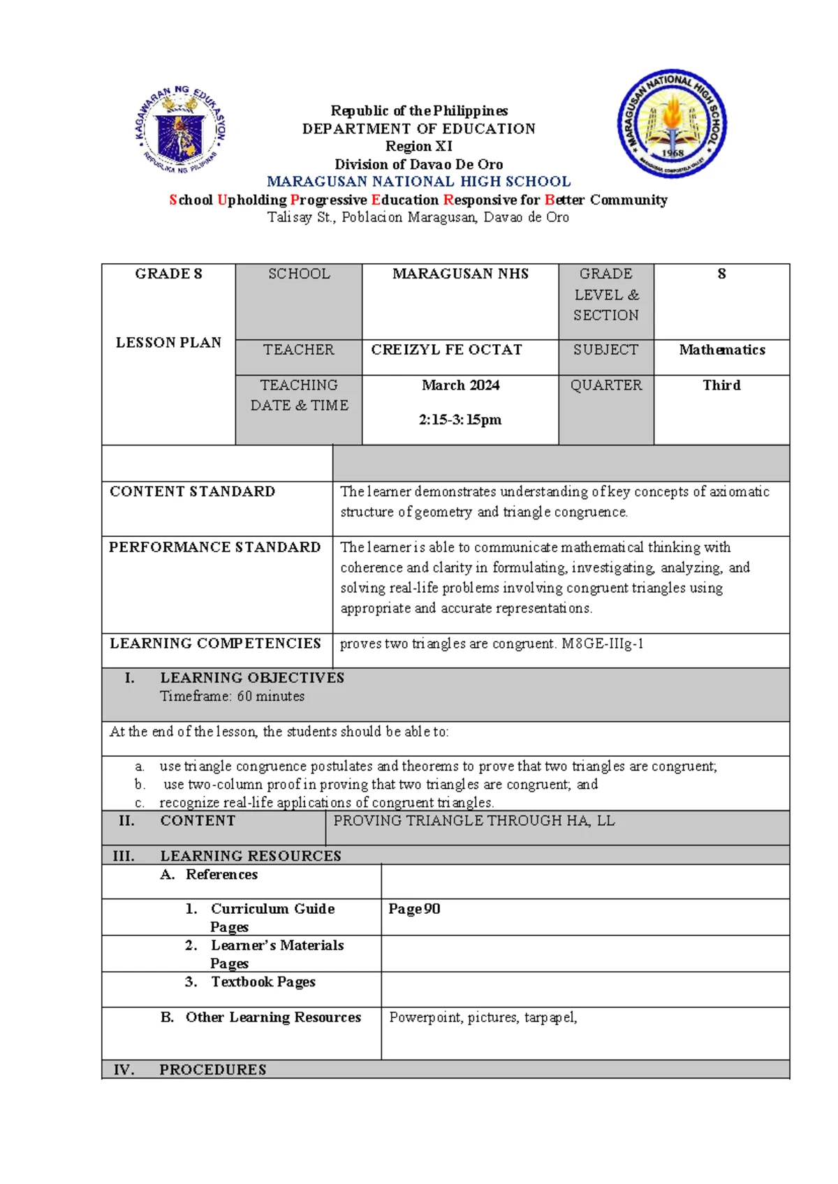 Grade 8 Math Daily Lesson Plan: Solving Congruent Triangles (M8GE-IIIf ...