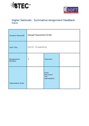 BTEC HND Computing Unit 01 Programming assignment feedback form - Studocu