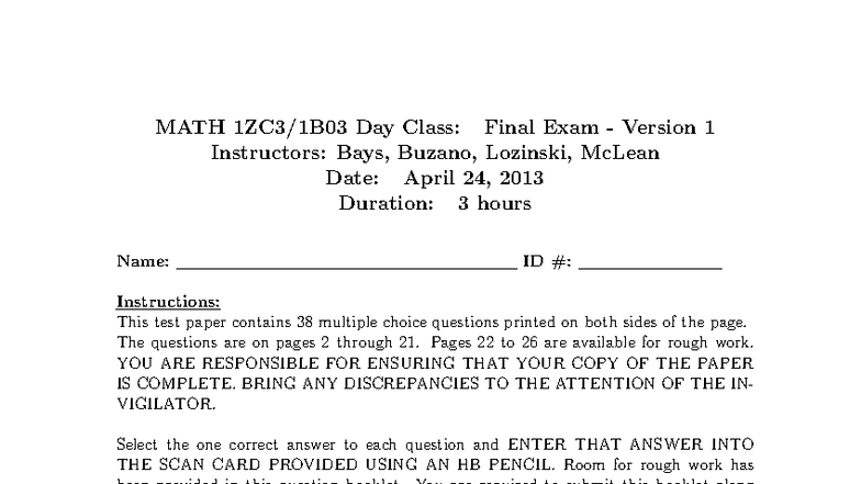 MATH 1ZC3: Final Exam Paper - April 2013 Version 1 - Studocu