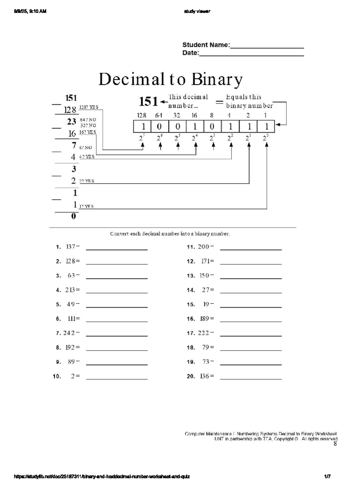 Computer Maintenance I: Numbering Systems Binary Worksheet - Studocu