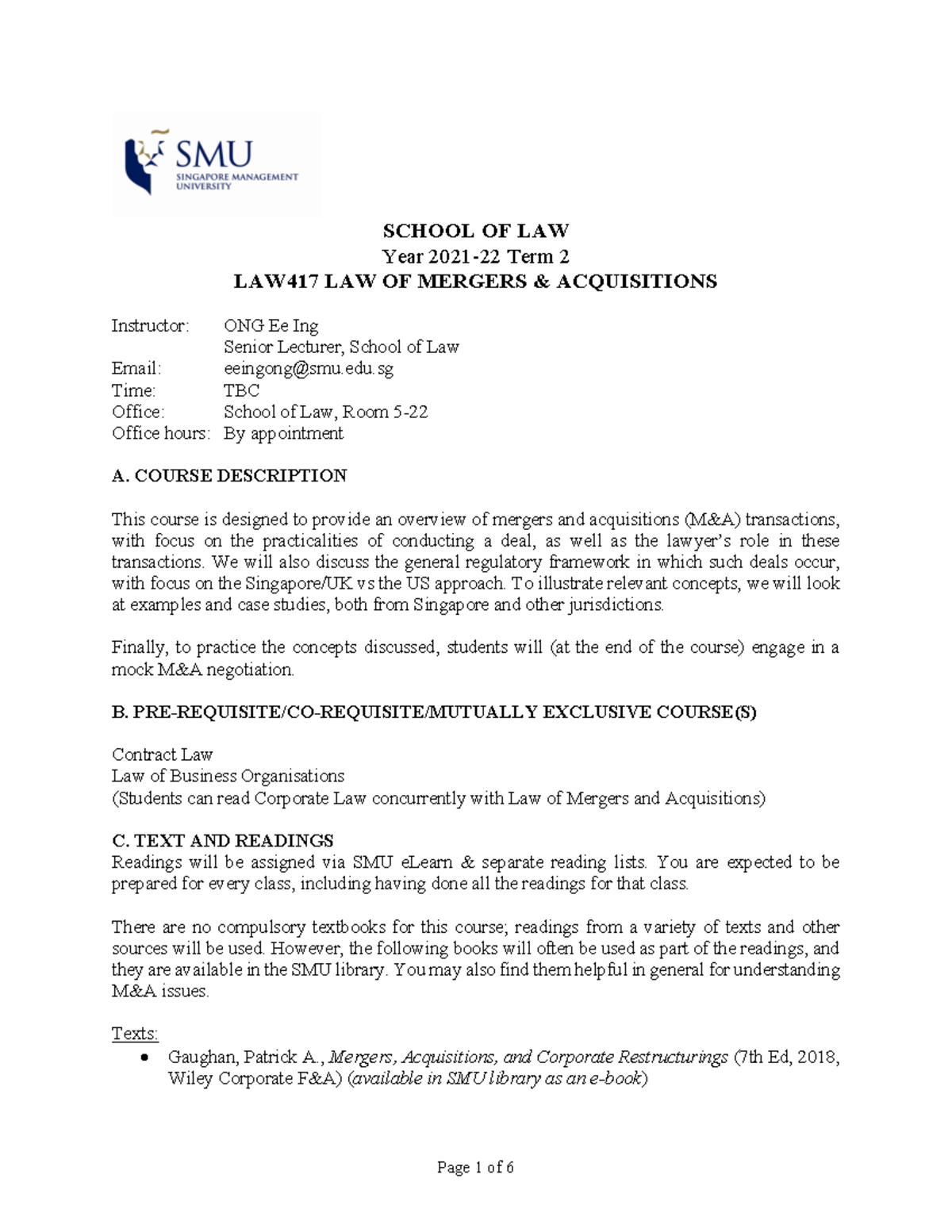 LAW417 Course Outline - SCHOOL OF LAW Year 2021-22 Term 2 LAW417 LAW OF ...