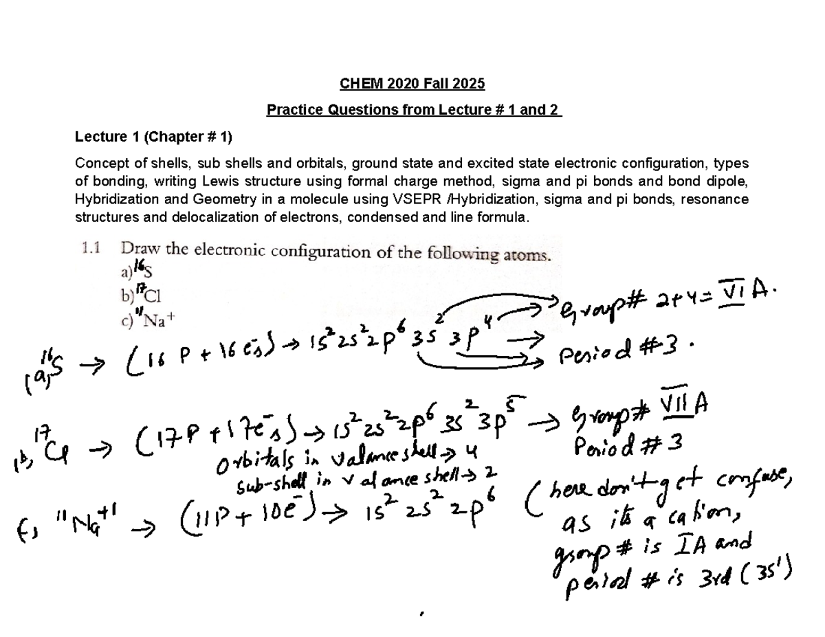 CHEM 2020 Fall 2025 Solved Practice Questions for Lectures 1 & 2 - Studocu