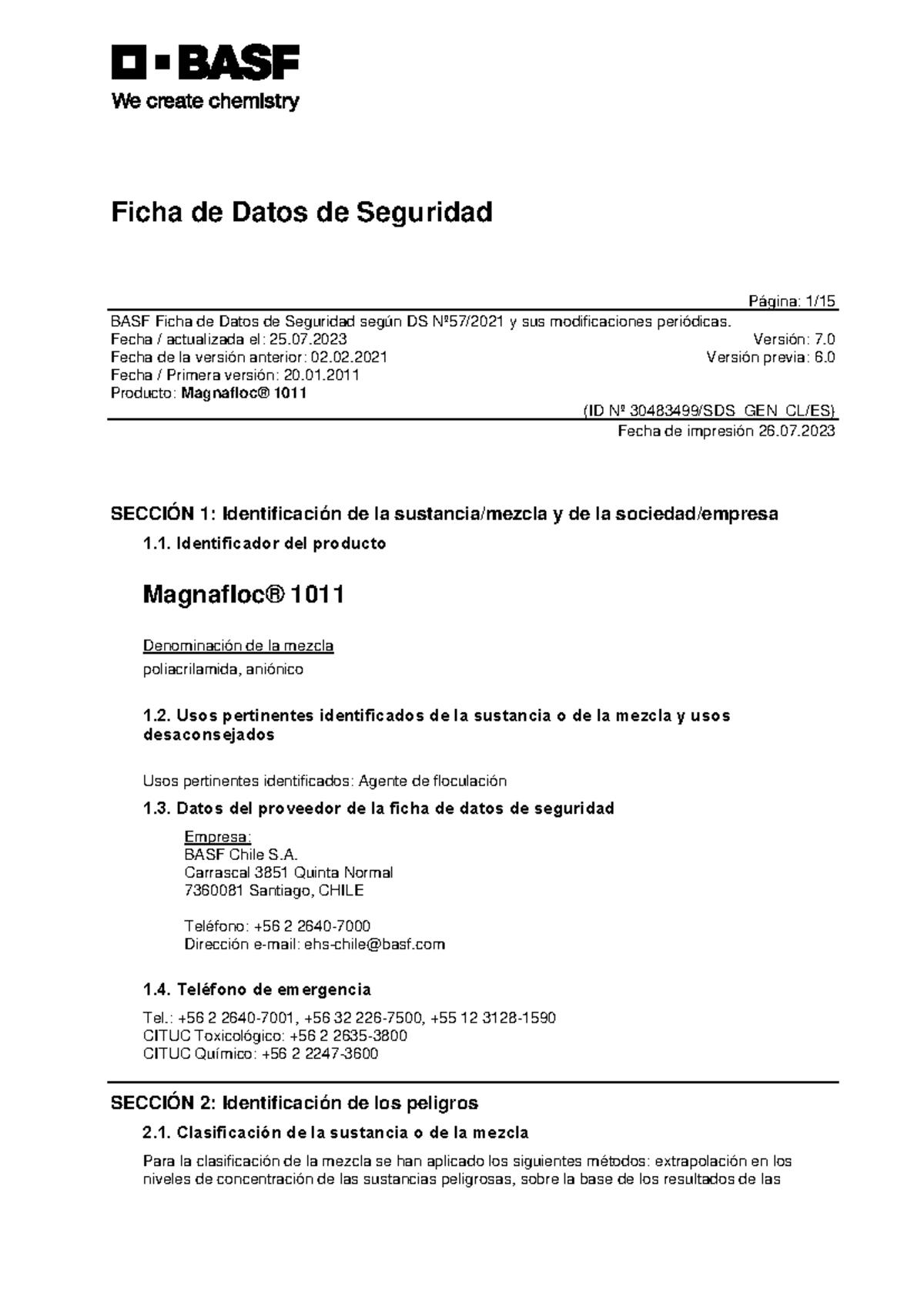 Ficha de Datos de Seguridad de Magnafloc 1011 (SDS GEN CL es 7.0) - Document Preview