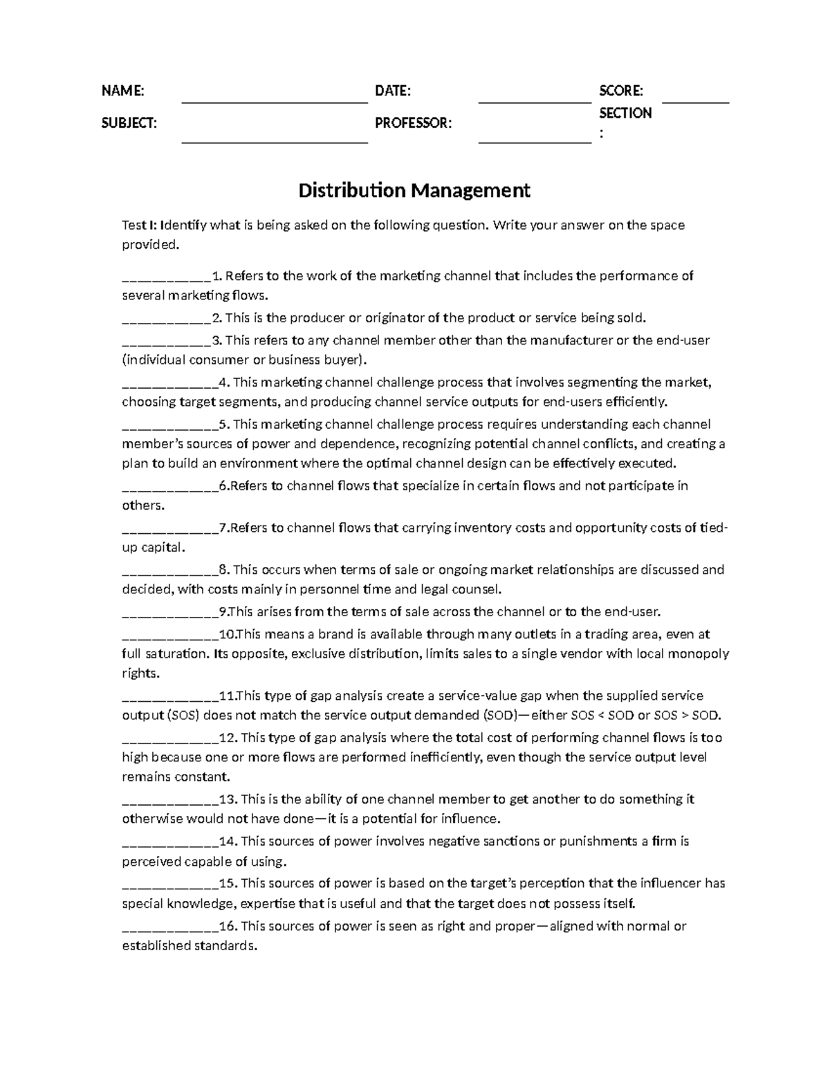 MKT 009 Distribution Management Test I & II Study Guide - Studocu