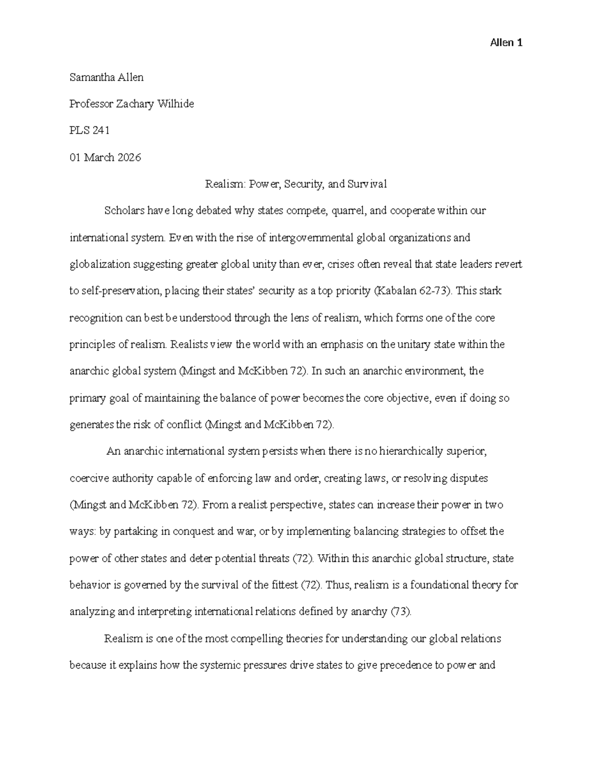 PLS 241 01: Realism in International Relations - Theory & History - Studocu