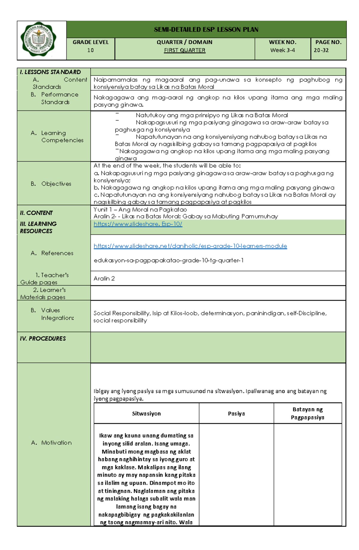 ESP 10 Lesson Plan for Weeks 3-4: Moral Decision-Making Guidelines ...