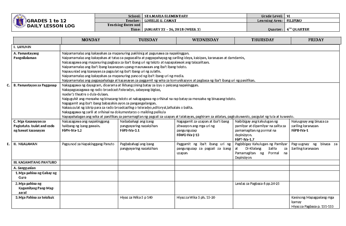 DLL Filipino 6 Q4 W2 - Daily Lesson Log for January 22-26, 2018 - Studocu