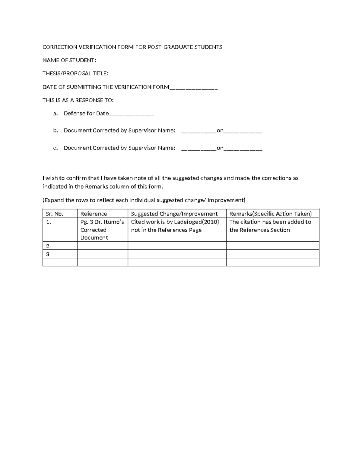 Correction Verification Form for Post-Graduate Students Submission ...